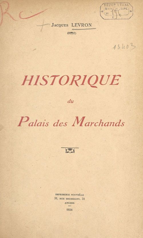 Couverture ebook de Historique du palais des marchands, de Jacques Levron