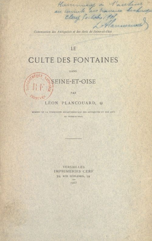 Couverture ebook de Le culte des fontaines dans Seine-et-Oise, de Leon Plancouard