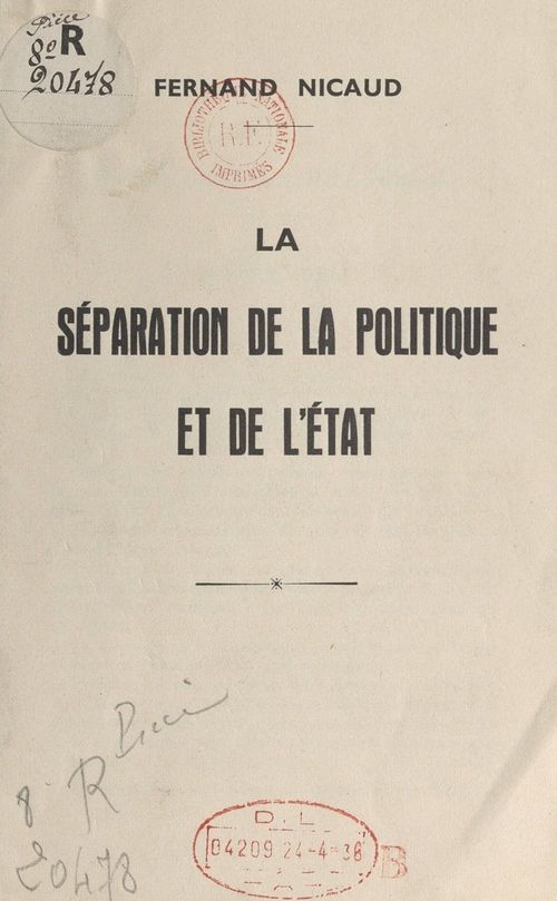 Couverture ebook de La séparation de la politique et de l'État, de Fernand Nicaud