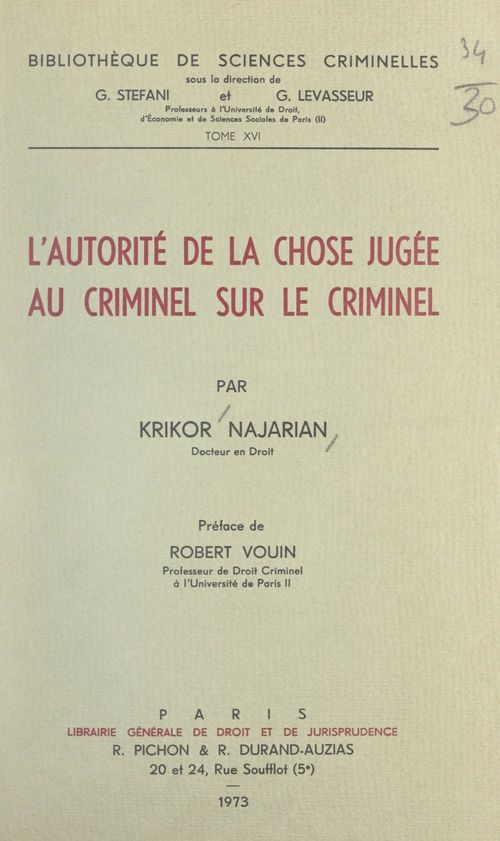 Couverture ebook de L'autorité de la chose jugée au criminel sur le criminel, de Krikor Najarian
