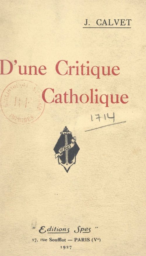ebook cover of D'une critique catholique, by Jean Calvet