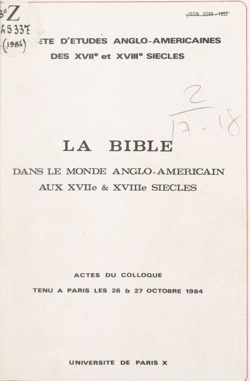 Couverture ebook de La Bible dans le monde anglo-américain aux XVIIe et XVIIIe siècles, de Societe D'Etudes Anglo-Americaines Des X
