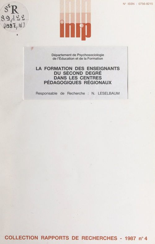 Couverture ebook de La formation des enseignants du second degré dans les centres pédagogiques régionaux, de Departement De Psychosociologie De L'Edu