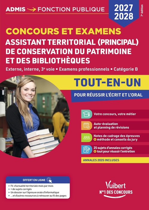 Couverture ebook de Concours et examens Assistant territorial et Assistant principal de conservation du patrimoine et des bibliothèques 2027-2028 - Tout-en-un, de Albane Lejeune