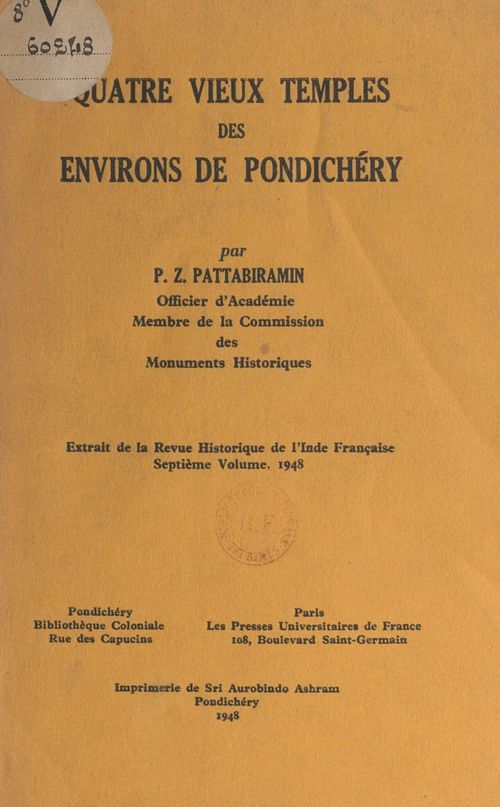 Couverture ebook de Quatre vieux temples des environs de Pondichéry, de P. Z. Pattabiramin