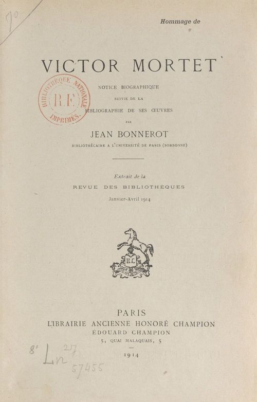 Couverture ebook de Victor Mortet, de Jean Bonnerot