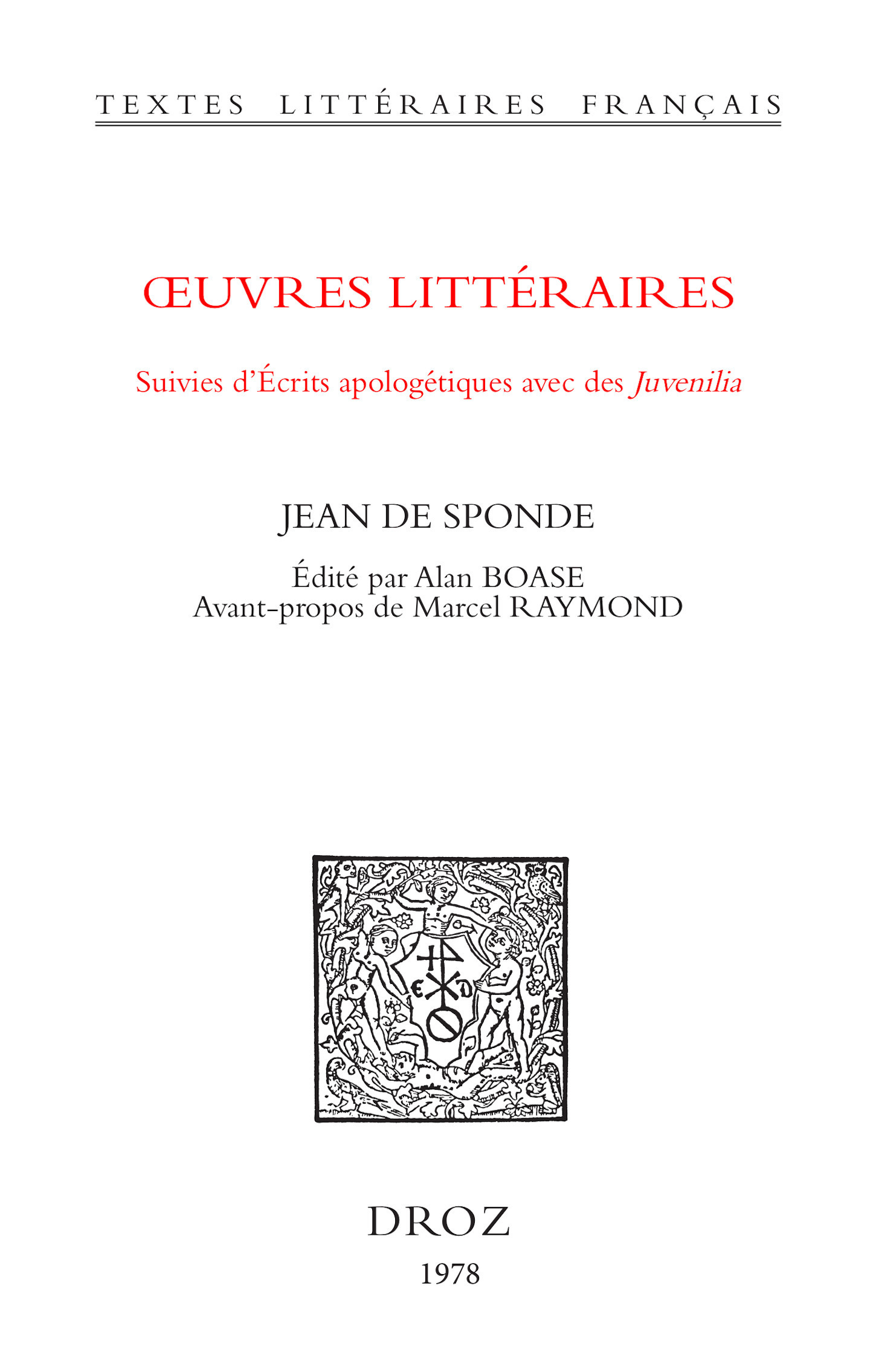 ebook cover of Oeuvres littéraires, by Jean De Sponde, Marcel Raymond
