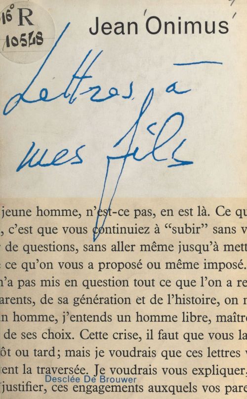 Couverture ebook de Lettres à mes fils, de Jean Onimus
