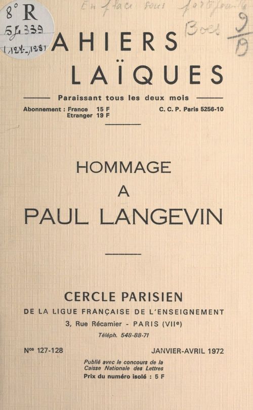ebook cover of Hommage à Paul Langevin, by Eliane Montel, Lucien Boes