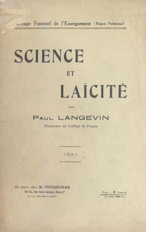 Couverture ebook de Science et laïcité, de Paul Langevin