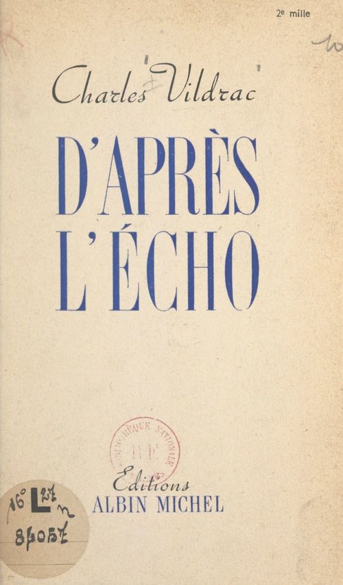 ebook cover of D'après l'écho, by Charles Vildrac