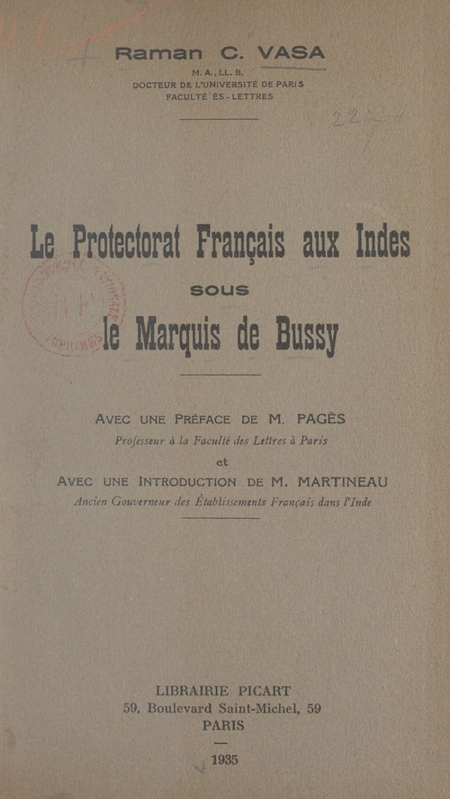Couverture ebook de Le Protectorat français aux Indes sous le marquis de Bussy, de Raman C. Vasa