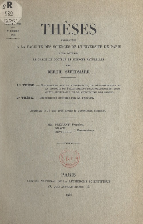 Couverture ebook de Recherches sur la morphologie, le développement et la biologie de Psammodrilus Balanoglossoides, polychète sédentaire de la microfaune des sables, de Bertil Swedmark