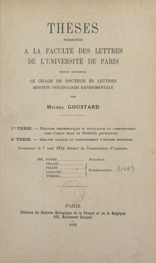 Couverture ebook de Réaction phototropique et régulation du comportement chez l'imago mâle de Blattella Germanica. Suivi de Analyse causale du comportement d'origine endogène, de Michel Goustard