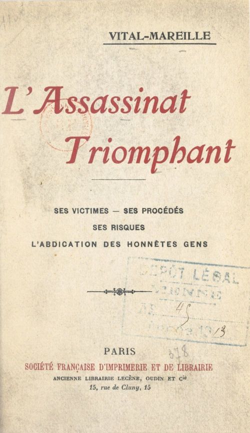 Couverture ebook de L'assassinat triomphant, de Vital-Mareille