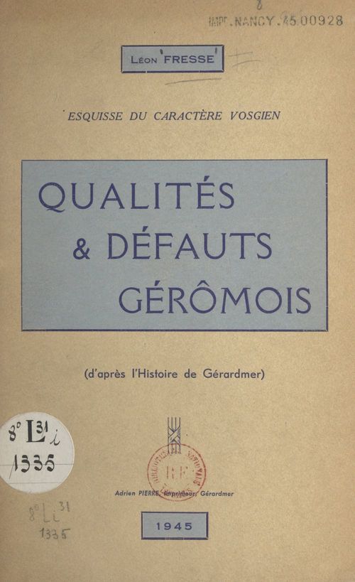 Couverture ebook de Qualités et défauts géromois : esquisse du caractère vosgien, de Leon Fresse