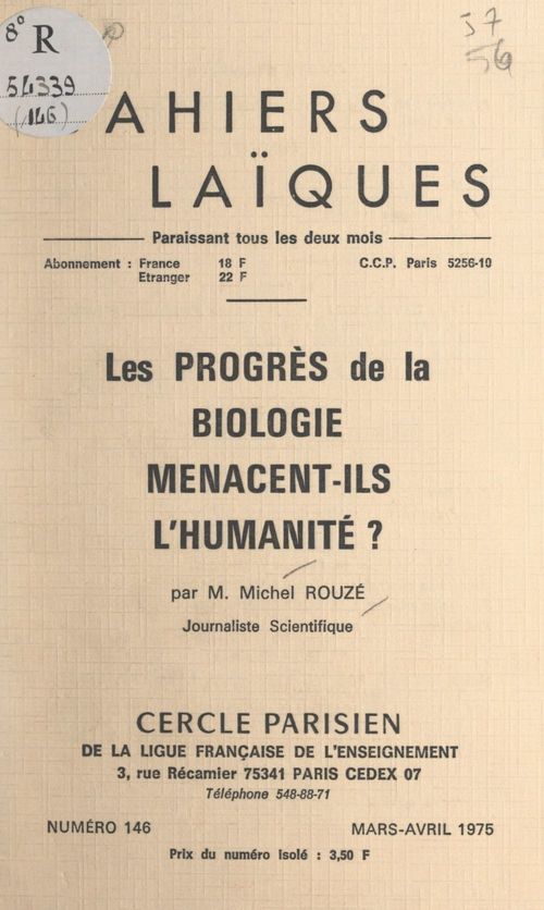 Couverture ebook de Les progrès de la biologie menacent-ils l'humanité ?, de Michel Rouze