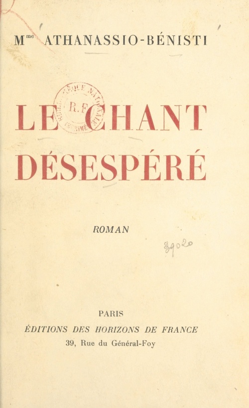 Couverture ebook de Le chant désespéré, de Athanassio-Benisti