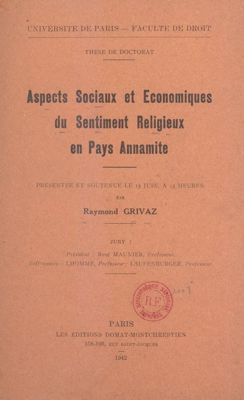 Couverture ebook de Aspects sociaux et économiques du sentiment religieux en Pays annamite, de Raymond Grivaz