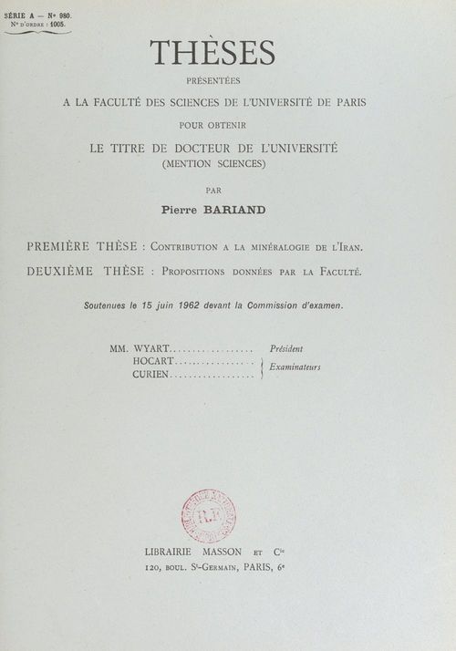 ebook cover of Contribution à la minéralogie de l'Iran, by Pierre Bariand
