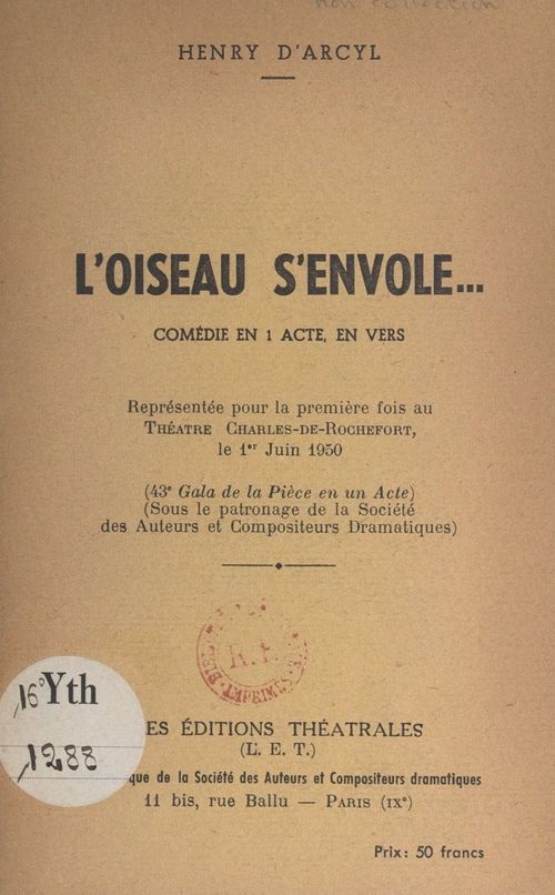 Couverture ebook de L'oiseau s'envole..., de Henry D'Arcyl