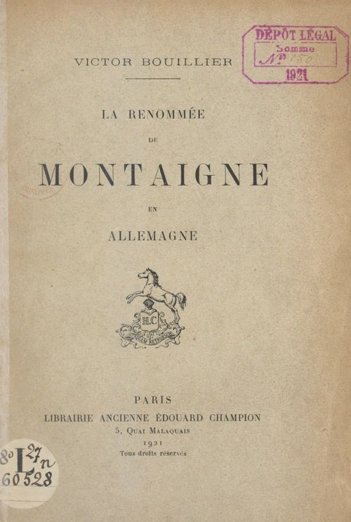Couverture ebook de La renommée de Montaigne en Allemagne, de Victor Bouillier