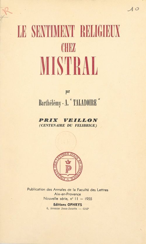 ebook cover of Le sentiment religieux chez Mistral, by Barthelemy-Antonin Taladoire