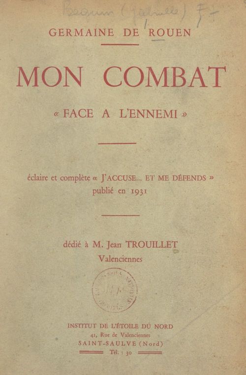 Couverture ebook de Mon combat "face à l'ennemi", de Germaine De Rouen