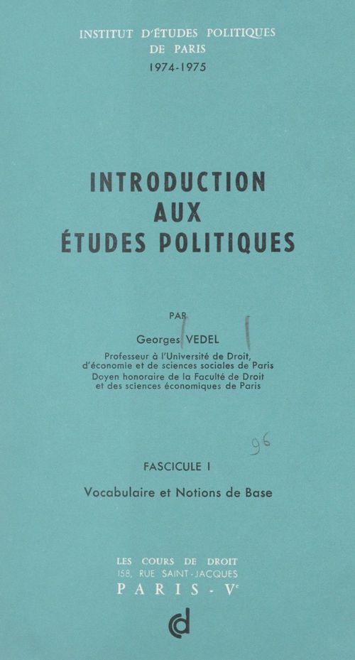 ebook cover of Introduction aux études politiques (1). Vocabulaire et notions de base, 1974-1975, by Georges Vedel