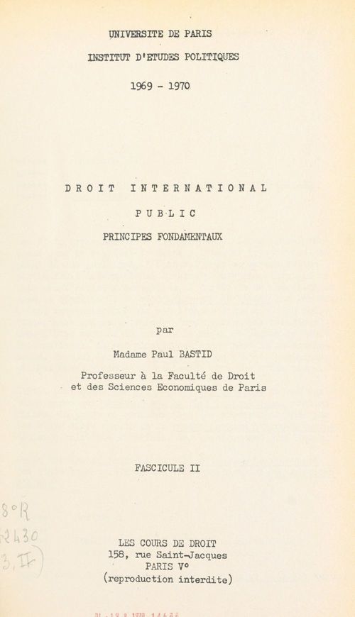 ebook cover of Droit international public : principes fondamentaux (2), by Paul Bastid
