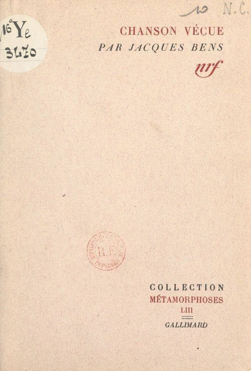 ebook cover of Chanson vécue, by Jacques Bens