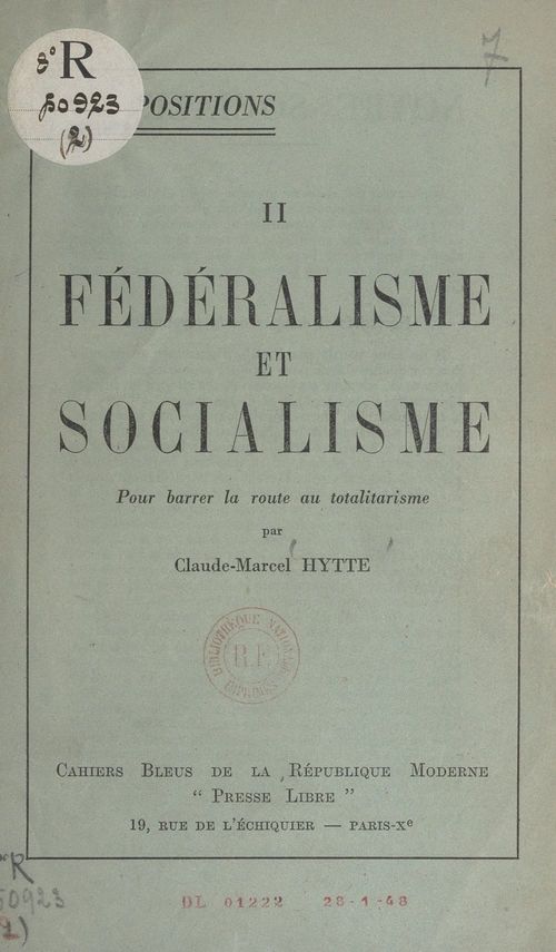 Couverture ebook de Fédéralisme et socialisme, de Claude-Marcel Hytte