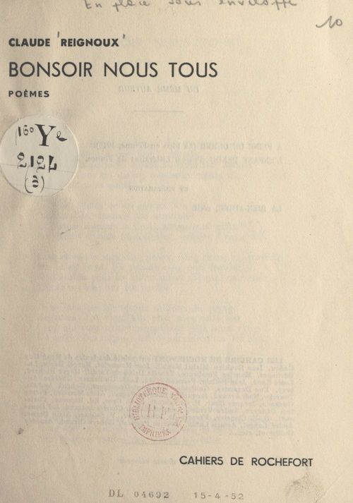 Couverture ebook de Bonsoir nous tous, de Claude Reignoux