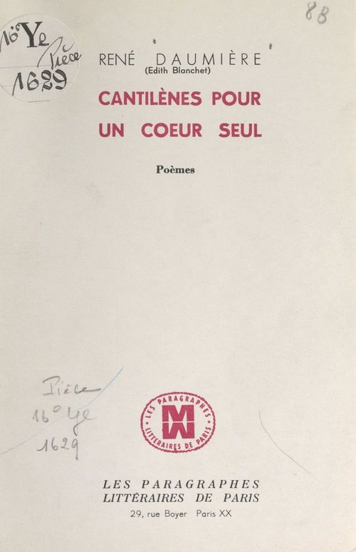 Couverture ebook de Cantilènes pour un coeur seul, de Edith Blanchet, Rene Daumiere