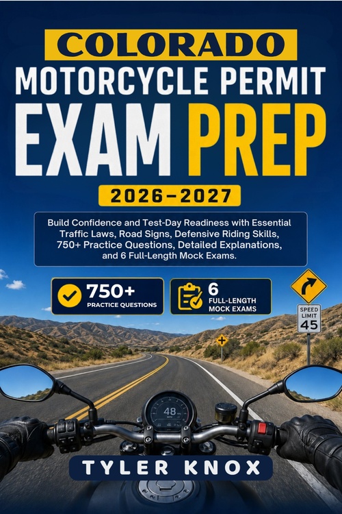 ebook cover of COLORADO MOTORCYCLE PERMIT EXAM PREP 2026-2027, by Tyler Knox