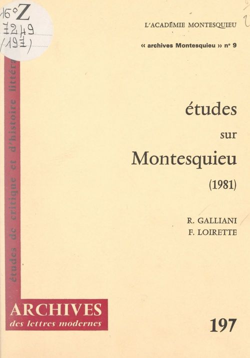 Couverture ebook de Études sur Montesquieu (1981), de Francis Loirette, Renato Galliani