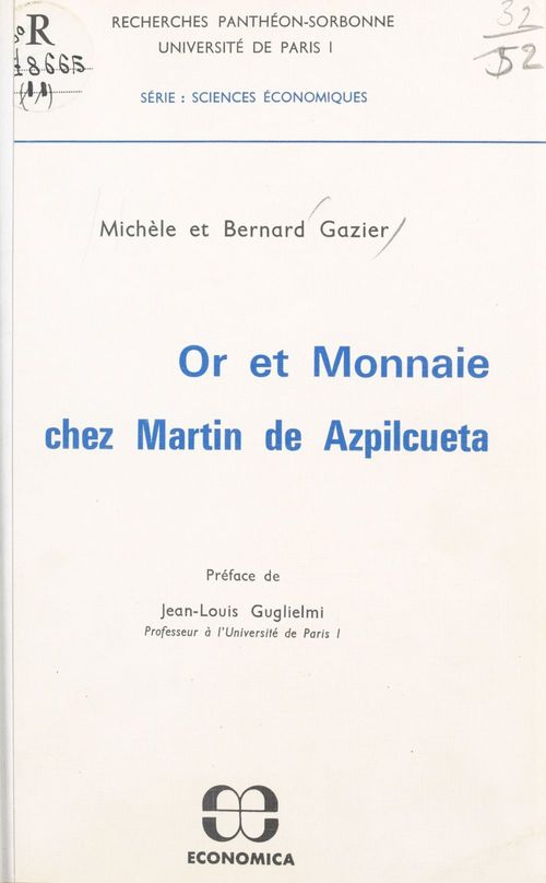Couverture ebook de Or et monnaie chez Martin de Azpilcueta, de Bernard Gazier