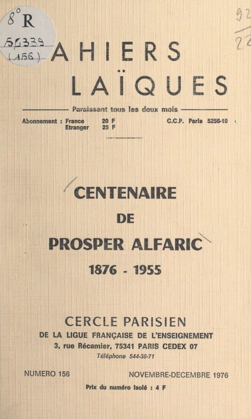 ebook cover of Centenaire de Prosper Alfaric, 1876-1955, by Georges Lienart, Pierre Lamarque, Prosper Alfaric
