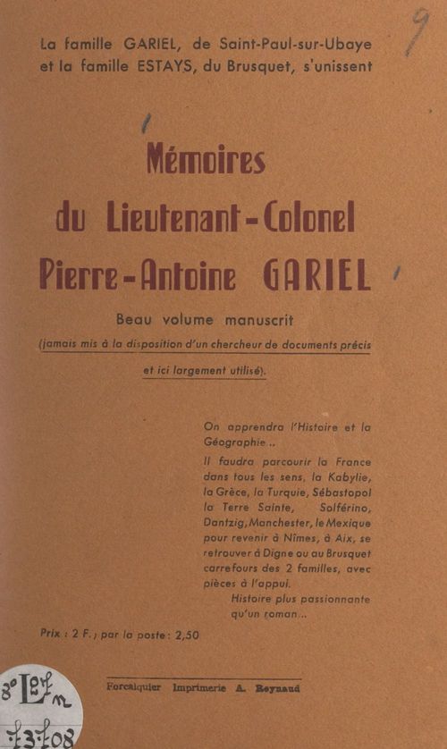 ebook cover of Mémoires du lieutenant-colonel Pierre-Antoine Gariel, by Jules Corriol