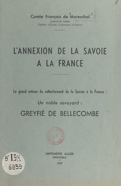 Couverture ebook de L'annexion de la Savoie à la France, de Francois De Mareschal
