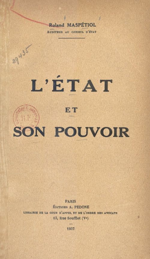 ebook cover of L'État et son pouvoir, by Roland Maspetiol