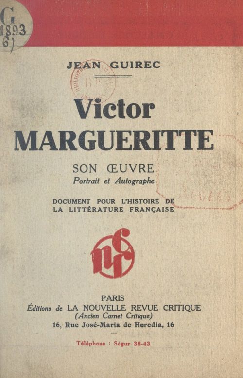 Couverture ebook de Victor Margueritte : son oeuvre, portrait et autographe, de Jean Guirec