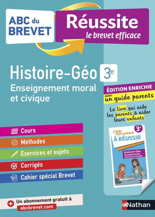 Couverture ebook de Histoire-Géographie - EMC (Enseignement Moral et Civique) 3e - ABC du Brevet Réussite Famille - Brevet 2025 - Cours, Méthode, Exercices + Guide parents pour aider son enfant à réussir - EPUB, de Collectif