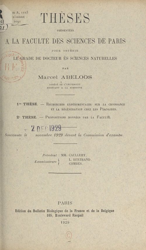 Couverture ebook de Recherches expérimentales sur la croissance et la régénération chez les planaires, de Marcel Abeloos