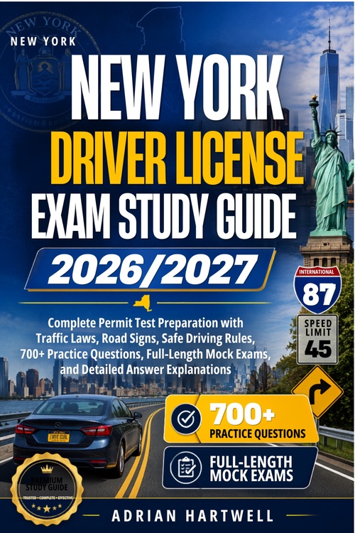 Couverture ebook de NEW YORK DRIVER LICENSE EXAM STUDY GUIDE 2026/2027, de Adrian Hartwell