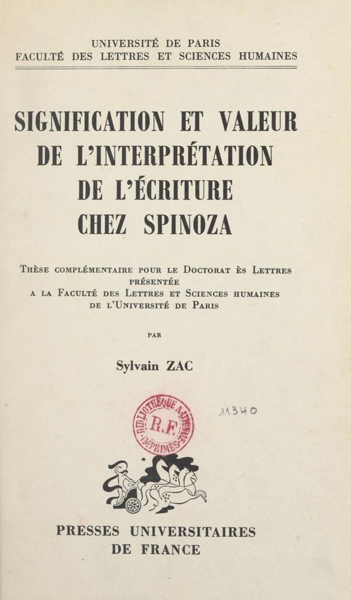 Couverture ebook de Signification et valeur de l'interprétation de l'écriture chez Spinoza, de Sylvain Zac