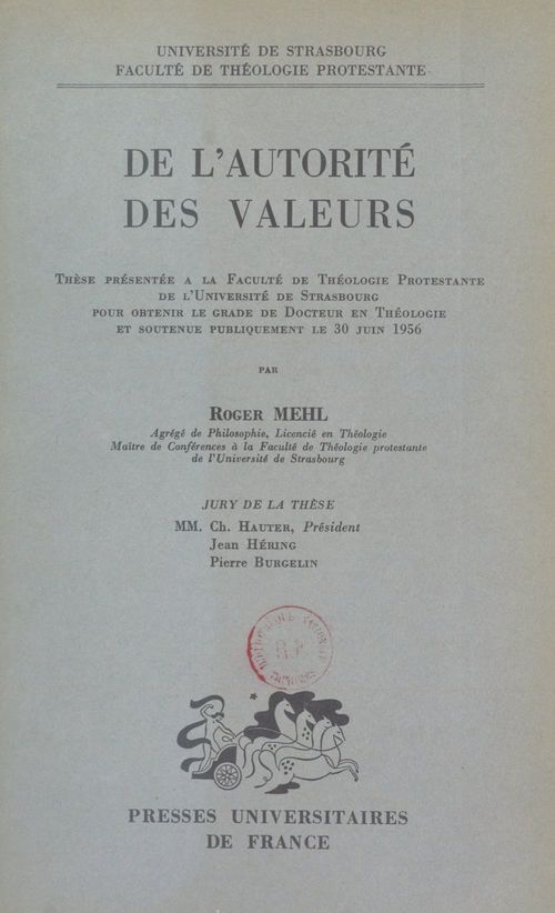 ebook cover of De l'autorité des valeurs, by Roger Mehl