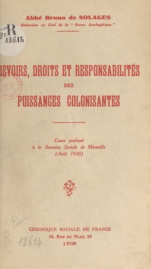 Couverture ebook de Devoirs, droits et responsabilités des puissances colonisantes, de Bruno De Solages