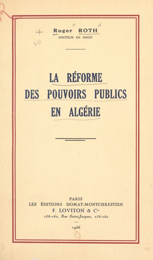 Couverture ebook de La reforme des pouvoirs publics en Algerie, de Roger Roth