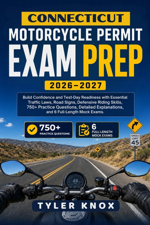 ebook cover of CONNECTICUT MOTORCYCLE PERMIT EXAM PREP 2026-2027, by Tyler Knox